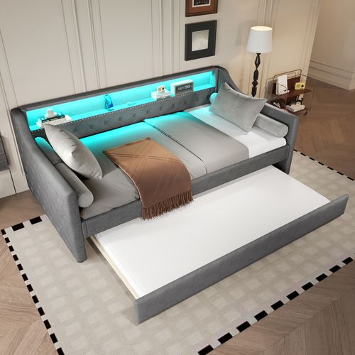 Lit Enfant Gigogne - 90x200cm - Avec Éclairage LED, Prise USB-mdf- Gris