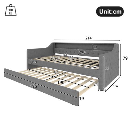 Lit Enfant Gigogne - 90x200cm - Avec Éclairage LED, Prise USB-mdf- Gris