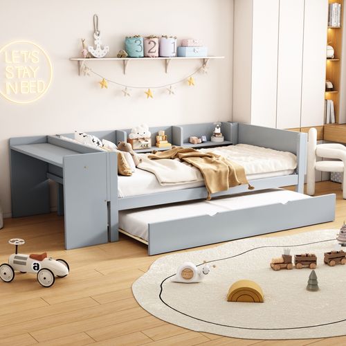 Lit Enfant Gigogne - 90x200cm - Avec Bureau,espace De Rangement Ouvert - Mdf - Gris