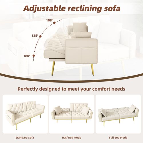 Canapé-lit Pliable - 175x80x73.5 Cm - Beige- Velours - Porte-gobelet - Poche Latérale