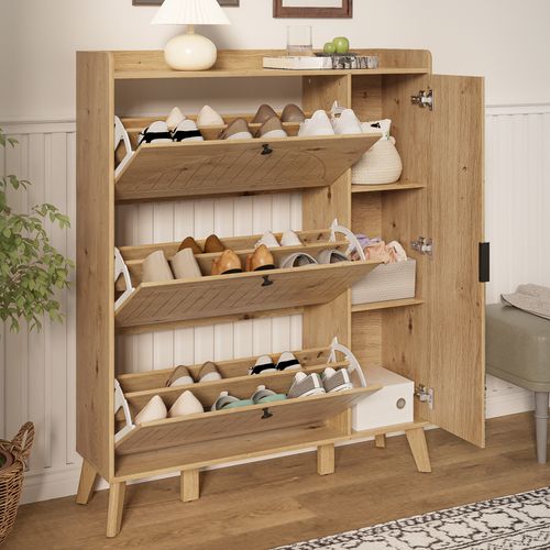 Meuble à Chaussures Avec Miroir – 3 Portes Basculantes, Design Nordique, 110×24×137,5 Cm