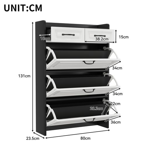 Meuble à Chaussures Avec 3 Portes Basculantes Et 2 Tiroirs – Design Noir Moderne – 80×23,5×131 Cm