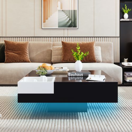 Table Basse 72x72x30cm Avec Boîte Rangement et LED - Noir