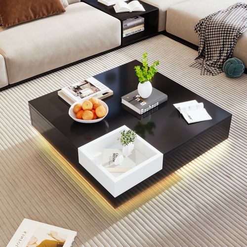 Table Basse 72x72x30cm Avec Boîte Rangement et LED - Noir