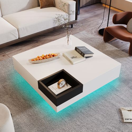 Table Basse 72 Cm – Blanc et Noir Brillant – Avec Boîte De Rangement Amovible Et LED