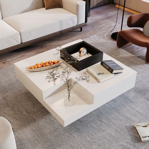 Table Basse 72 Cm – Blanc et Noir Brillant – Avec Boîte De Rangement Amovible Et LED