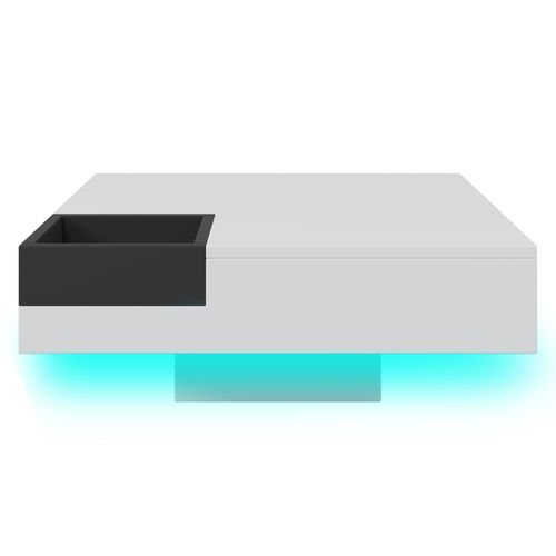 Table Basse 72 Cm – Blanc et Noir Brillant – Avec Boîte De Rangement Amovible Et LED