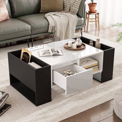 Table Basse Moderne 105 Cm – Noir et Blanc Brillant – Avec Tiroir Et Niches