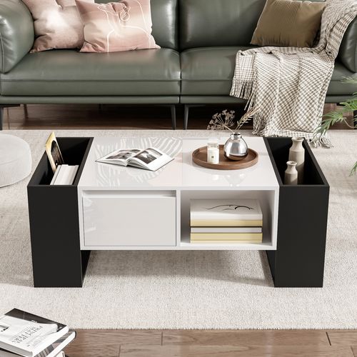 Table Basse Moderne 105 Cm – Noir et Blanc Brillant – Avec Tiroir Et Niches