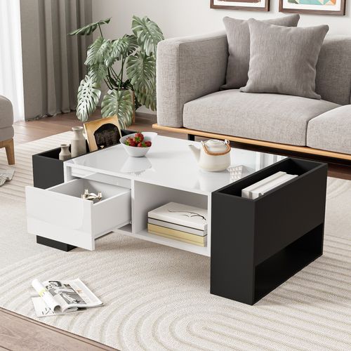 Table Basse Moderne 105 Cm – Noir et Blanc Brillant – Avec Tiroir Et Niches