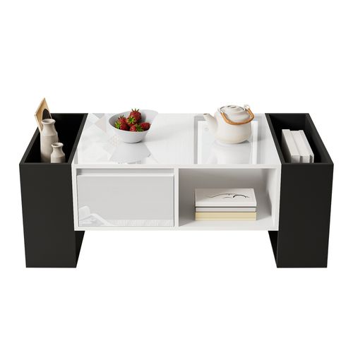 Table Basse Moderne 105 Cm – Noir et Blanc Brillant – Avec Tiroir Et Niches