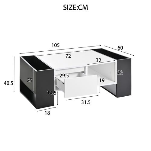 Table Basse Moderne 105 Cm – Noir et Blanc Brillant – Avec Tiroir Et Niches