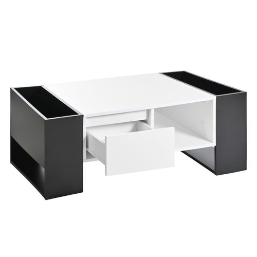 Table Basse Moderne 105 Cm – Noir et Blanc Brillant – Avec Tiroir Et Niches
