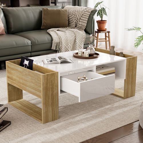 Table Basse Moderne 105 Cm – Bois et Blanc Brillant – Avec Tiroir Et Niches