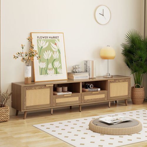 Meuble TV 200 Cm, Design Rotin, Pieds En Bois Massif, 2 Portes, 2 Tiroirs, Rangement Multimédia