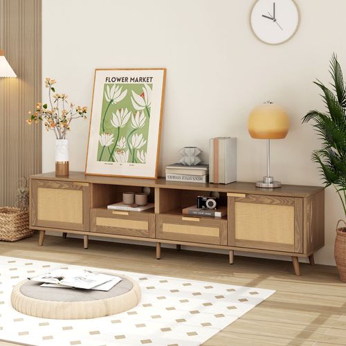 Meuble TV 200 Cm, Design Rotin, Pieds En Bois Massif, 2 Portes, 2 Tiroirs, Rangement Multimédia