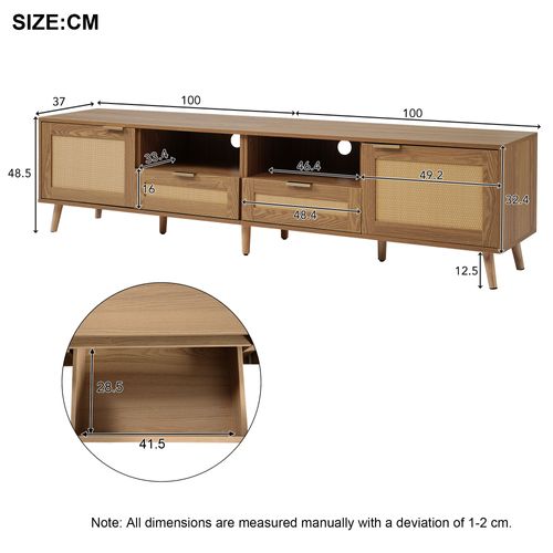 Meuble TV 200 Cm, Design Rotin, Pieds En Bois Massif, 2 Portes, 2 Tiroirs, Rangement Multimédia