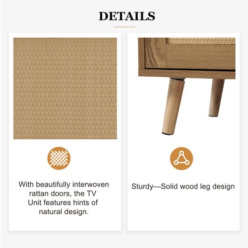 Meuble TV 200 Cm, Design Rotin, Pieds En Bois Massif, 2 Portes, 2 Tiroirs, Rangement Multimédia