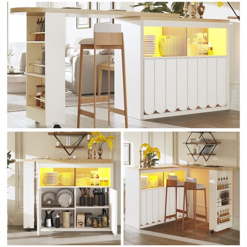 Table Haute Extensible 135–205 Cm Avec LED Et Rangements – Bar Mobile Sur Roulettes, Blanc Moderne