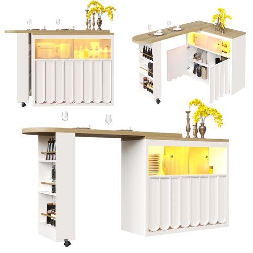 Table Haute Extensible 135–205 Cm Avec LED Et Rangements – Bar Mobile Sur Roulettes, Blanc Moderne