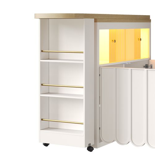 Table Haute Extensible 135–205 Cm Avec LED Et Rangements – Bar Mobile Sur Roulettes, Blanc Moderne