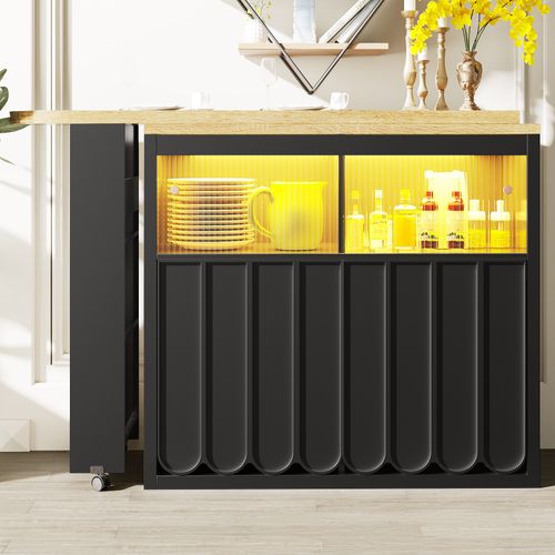 Table Bar Extensible Avec Rangements, LED Intégrée Et Roulettes – Îlot De Cuisine Mobile, Noir