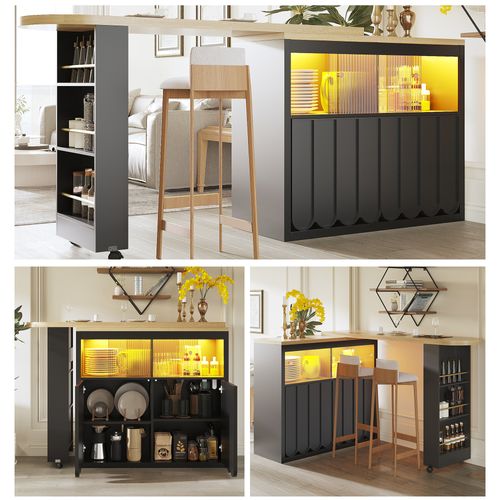 Table Bar Extensible Avec Rangements, LED Intégrée Et Roulettes – Îlot De Cuisine Mobile, Noir