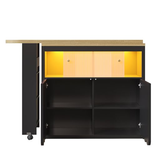 Table Bar Extensible Avec Rangements, LED Intégrée Et Roulettes – Îlot De Cuisine Mobile, Noir