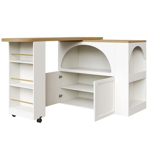 Table Bar Extensible Avec Rangements, LED Et Roulettes – Portes Arquées, Blanc