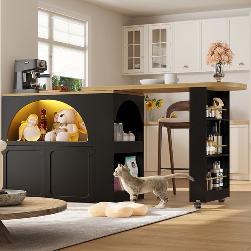 Table Bar Extensible Avec Rangements, LED Et Roulettes – Portes Arquées, Noir