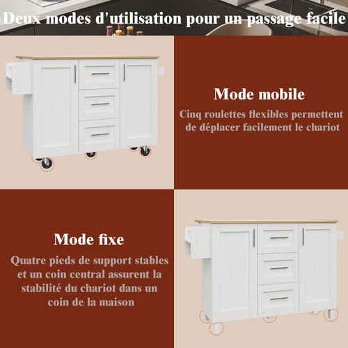 Îlot De Cuisine Mobile Avec Plan De Travail Pliable, Tiroirs, Rangements Et Roulettes – Blanc