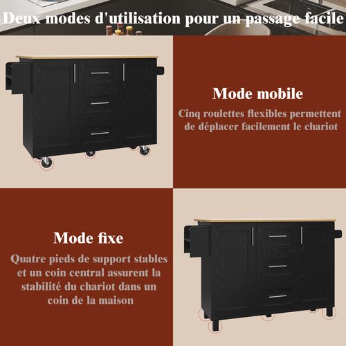 Îlot De Cuisine Mobile Avec Plan De Travail Pliable, Tiroirs, Rangements Et Roulettes – Noir