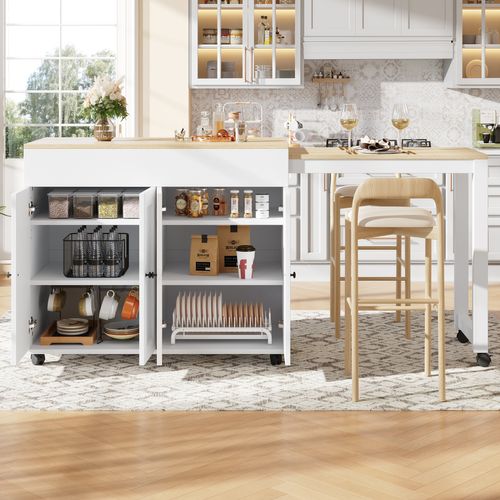 Table Bar  Avec Table Extensible Sur Roulettes Et Grand Espace De Rangement – Blanc