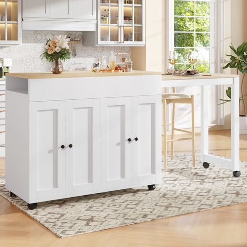 Table Bar  Avec Table Extensible Sur Roulettes Et Grand Espace De Rangement – Blanc