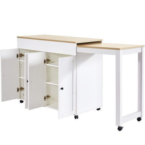 Table Bar  Avec Table Extensible Sur Roulettes Et Grand Espace De Rangement – Blanc