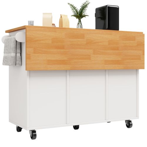 Îlot De Cuisine Avec Plan Rabattable, 8 Tiroirs, Étagère Réglable Et Roulettes – Blanc