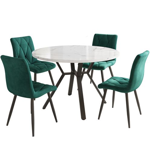 Ensemble Salle à Manger 5 Pièces – Table Ronde Effet Marbre + 4 Chaises – Verte