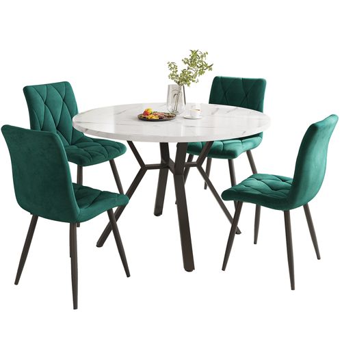 Ensemble Salle à Manger 5 Pièces – Table Ronde Effet Marbre + 4 Chaises – Verte
