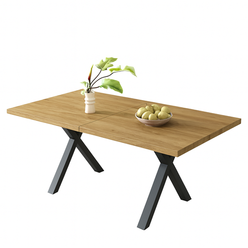 Table à Manger 140x80 Cm Pieds Croisés Métal Noir, Plateau Chêne Mdf, Style Industriel