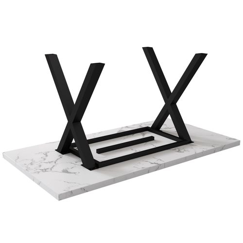 Table à Manger 140x80 Cm Effet Marbre Blanc, Pieds Croisés Métal Noir, Style Industriel