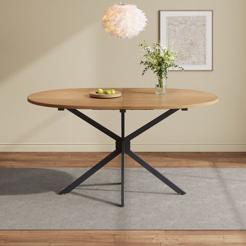 Table à Manger Ovale 120x80 Cm Bois Naturel, Pieds Métal Croisés, 4-6 Personnes