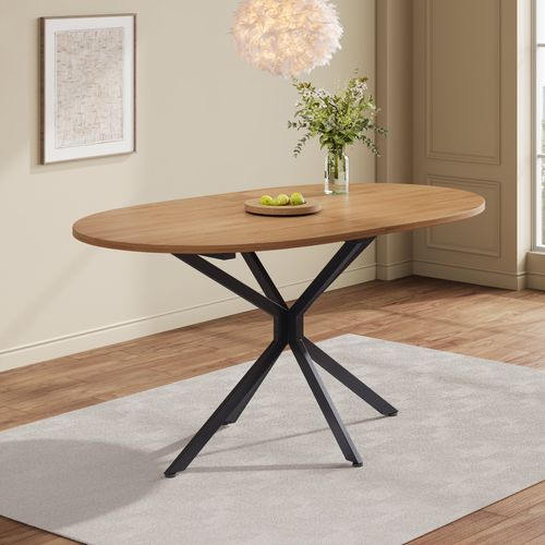 Table à Manger Ovale 120x80 Cm Bois Naturel, Pieds Métal Croisés, 4-6 Personnes