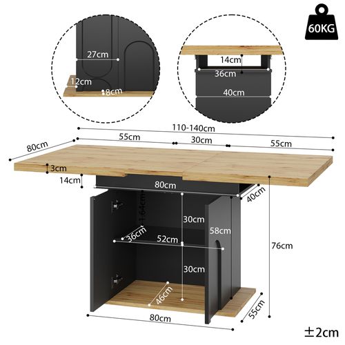 Table à Manger Télescopique Extensible 110-140x80 Avec Rangement, 4-6 Pers