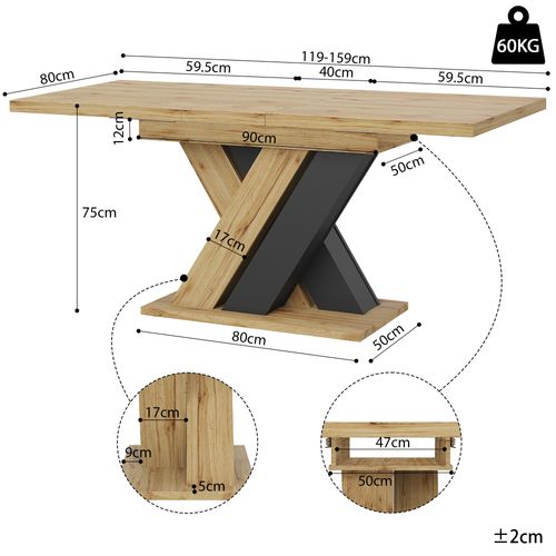 Table à Manger Extensible Télescopique 119-158,5x80, Pieds X, Rangement, 4-6 Pers