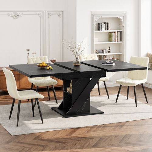 Table à Manger Extensible 110-140x80 Cm, Effet Marbre Noir, Mdf Métal, Gain De Place