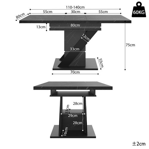 Table à Manger Extensible 110-140x80 Cm, Effet Marbre Noir, Mdf Métal, Gain De Place