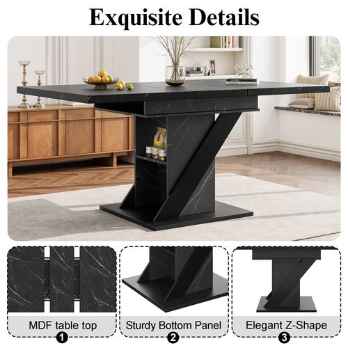 Table à Manger Extensible 110-140x80 Cm, Effet Marbre Noir, Mdf Métal, Gain De Place