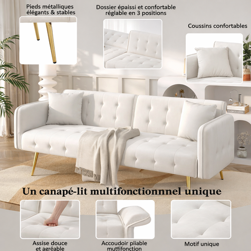 Canapé-lit Convertible 2 Places Velours, Dossier Réglable, Accoudoirs 6 Positions,blanc
