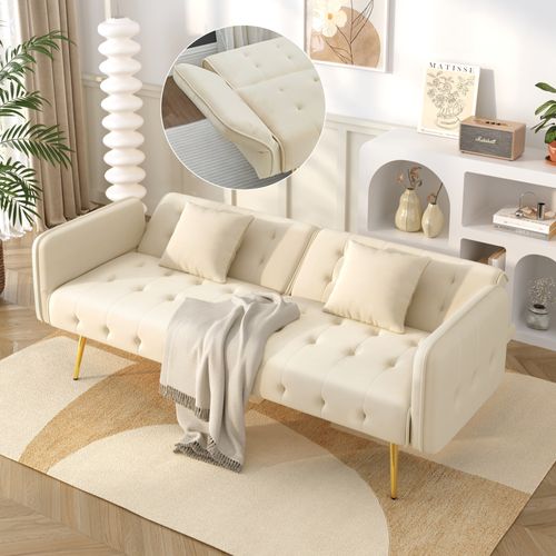 Canapé-lit Convertible 2 Places Velours, Dossier Réglable, Accoudoirs 6 Positions,beige