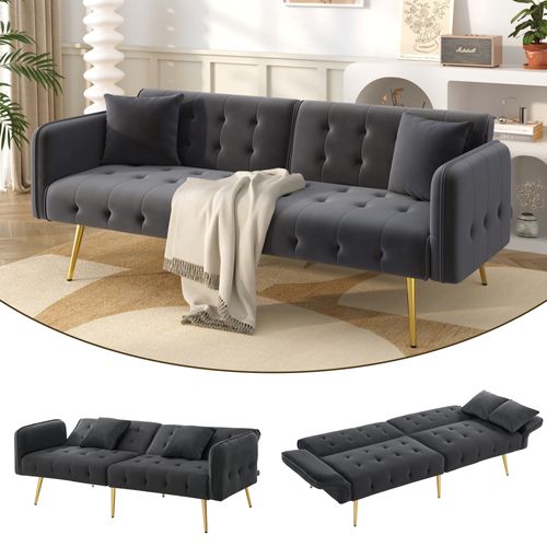 Canapé-lit Convertible 2 Places Velours, Dossier Réglable, Accoudoirs 6 Positions,gris